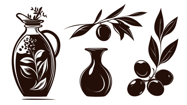 A monochrome illustration of olive branches, vessels and leaves, evoking nature and simple forms