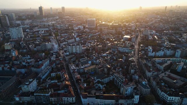 An panoramic aerial view of te capitol city Brussels in Belgium on a sunny morning in autumn.. 