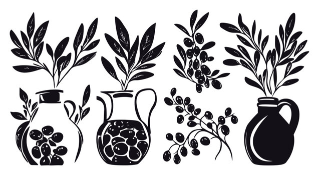Stylized black and white illustrations of vessels holding branches and berries