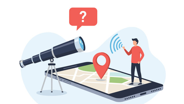 Mobile search and navigation concept with a man on a giant smartphone using a telescope to find locations on a digital map interface.