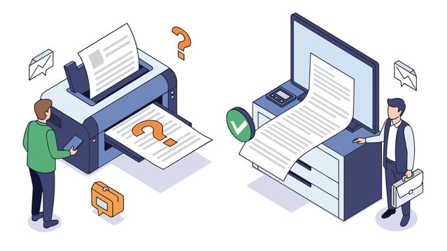 Comparison between paper-based documentation and digital workflows showing one person with a printer and another with a computer screen.