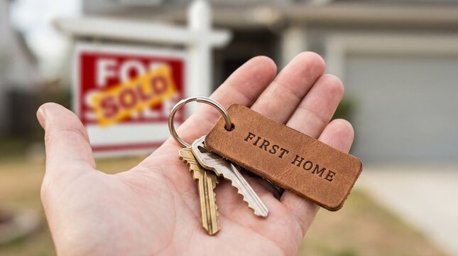 new home celebration, a close-up of house keys with a first home tag and a blurred sold sign