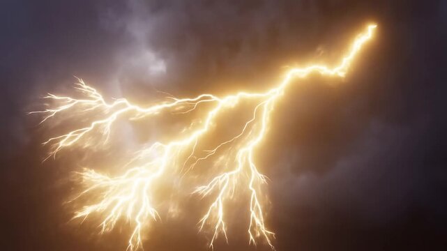 Slow motion formation of golden lightning bolt branching and striking through dark storm clouds across turbulent sky during intense thunderstorm