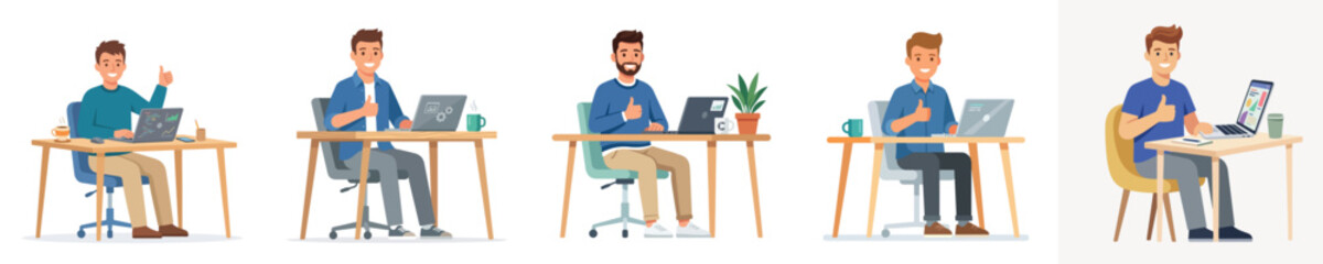 Fototapeta premium A cheerful young man giving a thumbs up while sitting in front of a laptop with a coffee cup, flat vector illustration, flat color, minimalist, simple design, no outline, white background