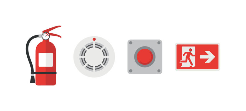 Fire safety equipment icon set with extinguisher, smoke alarm, emergency button and exit sign symbols, fire safety, extinguisher,