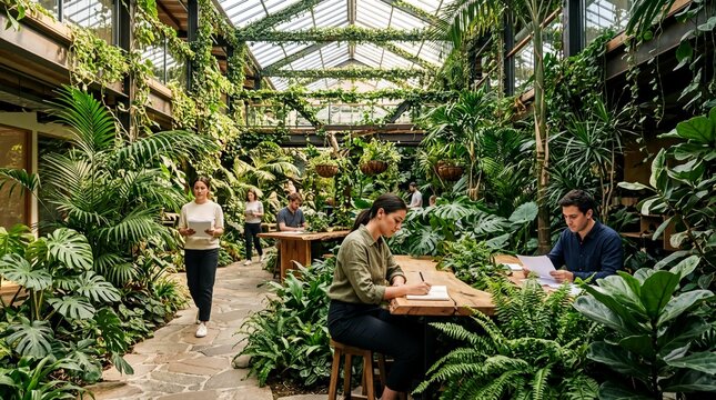 office greenery trends, employees collaborate in a lush indoor jungle filled with vibrant plants