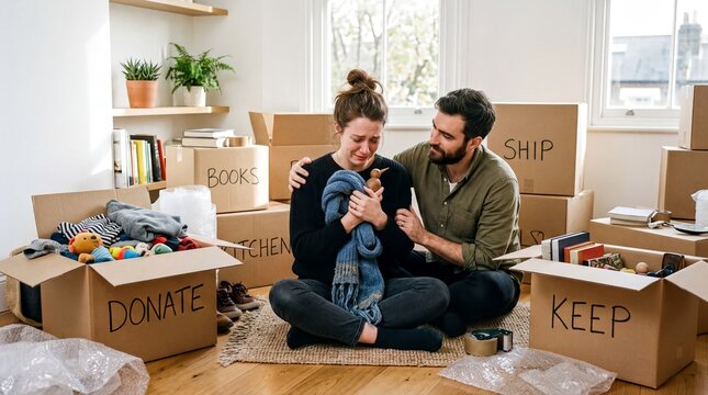 moving preparation tips, a couple thoughtfully sorts belongings in sunlit apartment, embracing memories