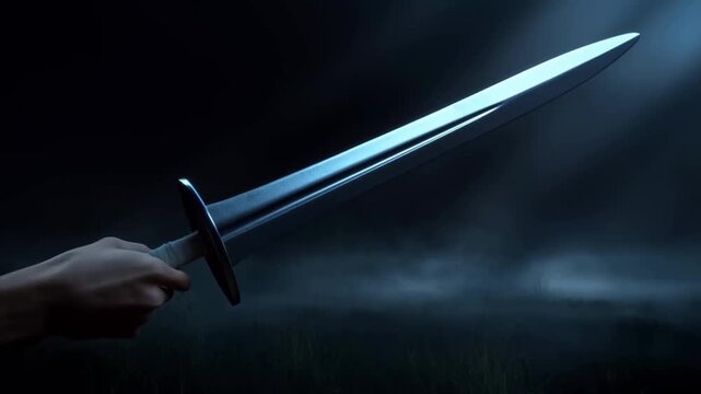 Slow motion tracking shot of hand holding sword being raised over foggy meadow at night close up on blade detail and grip