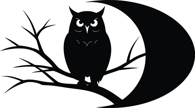 Owl perched on a bare tree branch beside a crescent moon