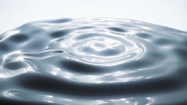Slow motion close up of metallic liquid surface with expanding concentric ripples on white studio tabletop