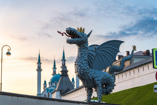Dragon Zilant - the symbol of the city of Kazan and the Kul Sharif mosque of the Kazan Kremlin. Russia. Summer evening view