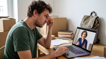 Fototapeta premium taxation for expats, an accountant gestures while discussing tax issues with a stressed digital nomad