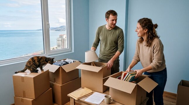 relocation experience, a couple unpacks boxes in a batumi apartment with a cat exploring nearby