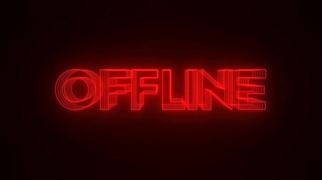 Static shot of red neon offline text glitching and pulsing in dark digital wireframe background with cyber interface elements