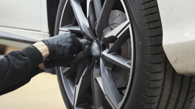 Close-up of gloved hands using a power tool on a vehicle wheel and alloy rim, with the tire and lug area clearly visible in an indoor garage setting under