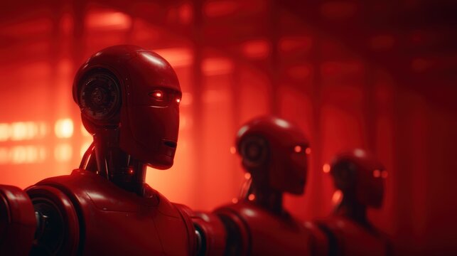 Red humanoid robots with glowing eyes stand in a row against a futuristic, red-lit background.