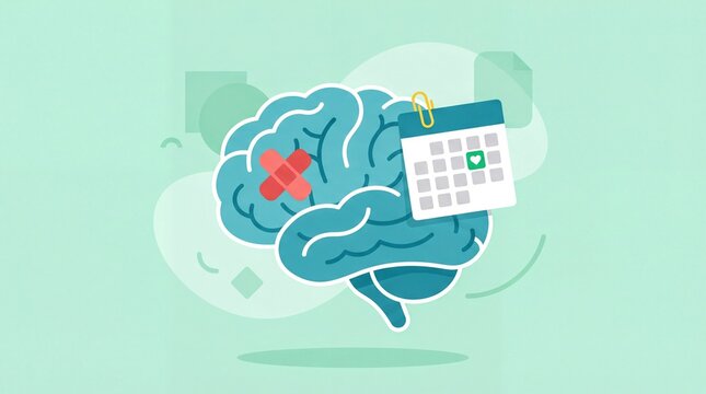 workplace wellness, a brain with a bandaid beside a calendar note for mental health awareness