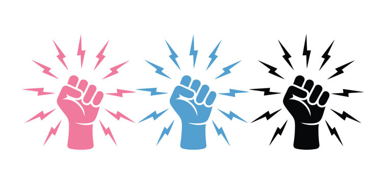 Fist knocking impact icon set, hand hit gesture outline in red blue black variations for alert notification, door knock action vector, communication symbol, user interaction sign, and attention 
