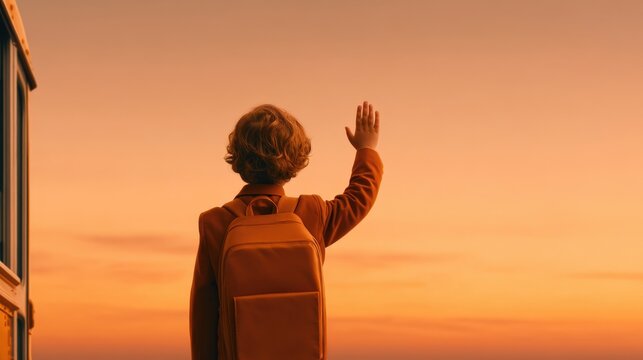 A child with a backpack waves goodbye, silhouetted against a warm orange sunset sky.
