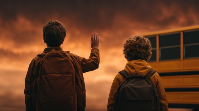 Two children with backpacks stand near a school bus against a dramatic sunset sky, one child waving goodbye.
