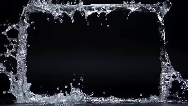 Slow motion static shot of water forming rectangular splash border spilling and collapsing in black studio background