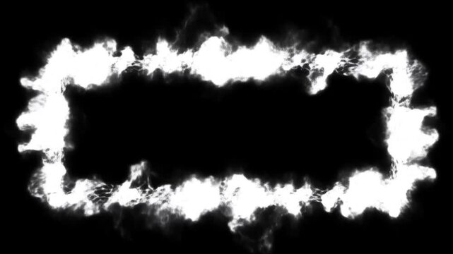 Static shot of animated smoke rectangular border flickering and expanding on black background in dark studio isolated setting