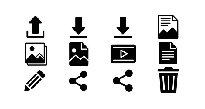 File upload download share and delete icons silhouette on transparent background