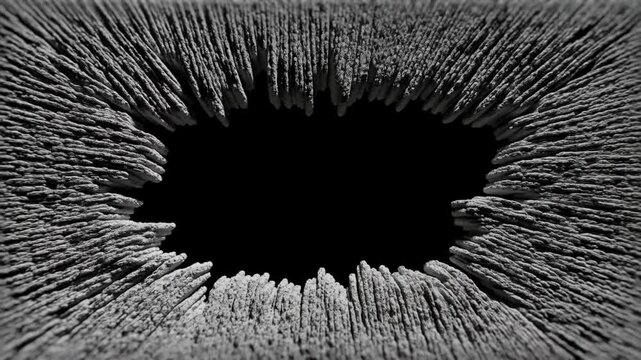 Tracking push zoom of weathered wood splinters tearing around circular hole in aged plank on black background close up inspection