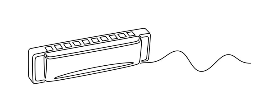 Continuous line harmonica illustration with rectangular mouth organ, metal holes and flowing music baseline, harmonica, mouth