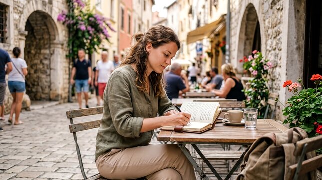 solo travel experience, a solo woman pens her thoughts in a journal at a sunny caf in a quaint european town