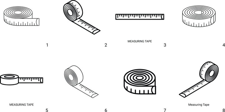 Measuring tape vector icons set featuring roll ruler linear tools for tailoring sewing construction and body measurement graphic design