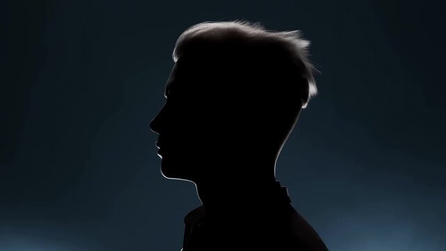 Static shot of male silhouette slowly turning head in dark studio with rim light and subtle foggy backdrop for profile portrait sequence