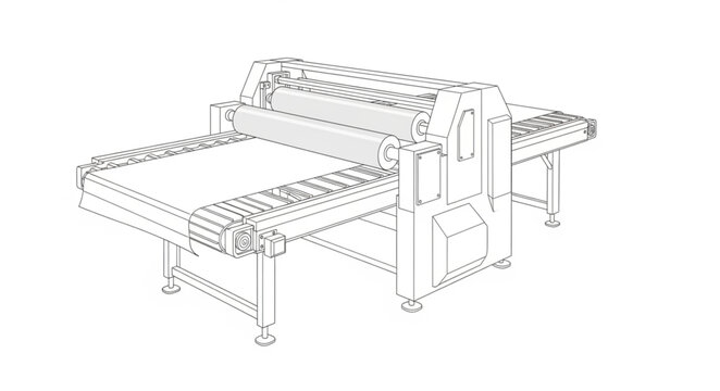 A large industrial cutting machine operates on a material processing production line.