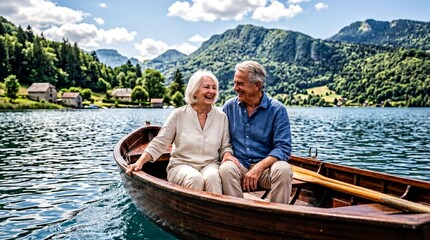 Fototapeta premium senior leisure activities, an elderly couple smiles contently while leisurely cruising on a sunlit lake