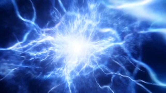 Slow zoom closeup of electric energy orb expanding and crackling against dark studio background in abstract plasma discharge sequence