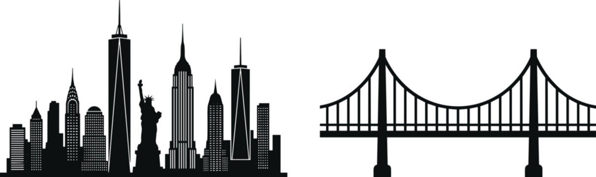 Black silhouette vector icon set of New York City skyline and Brooklyn suspension bridge isolated on white background
