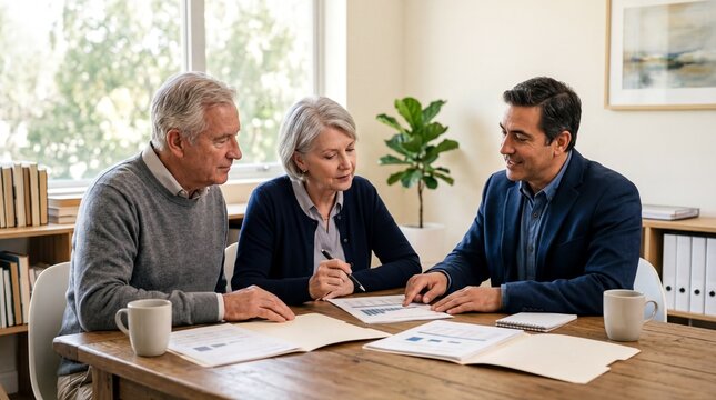 financial planning session, an elderly couple discusses financial documents with a trusted advisor in a bright office