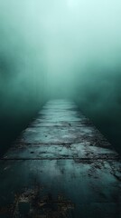 Obraz premium A dark weathered wooden pier disappears into incredibly dense fog hovering above deep, murky water