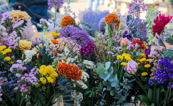 Abundant colorful flower market arrangement featuring sea holly, cockscomb, allium, peonies, and red ginger in a vibrant summery bouquet 