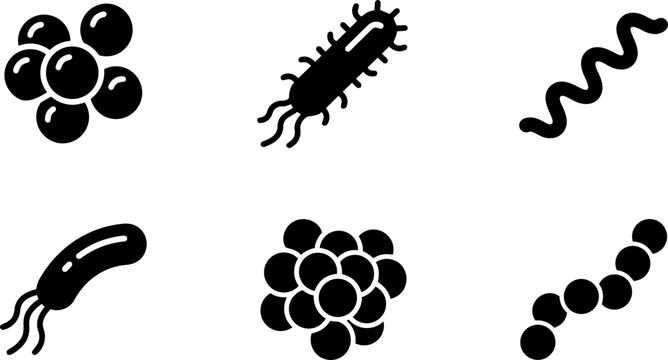 Microorganisms, bacteria and microbiology icon set isolated on white background