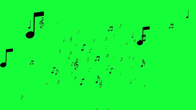 Black musical notes and treble clefs flying towards the camera on a green screen background. Perfect for chroma keying, video editing, music themed content, and creative overlays. Alpha Channel. 4K
