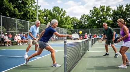 Obraz premium senior sports event, energetic seniors engaged in a competitive pickleball match on the court