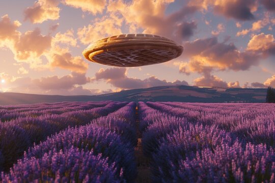 Golden sky swirls above lavender rows