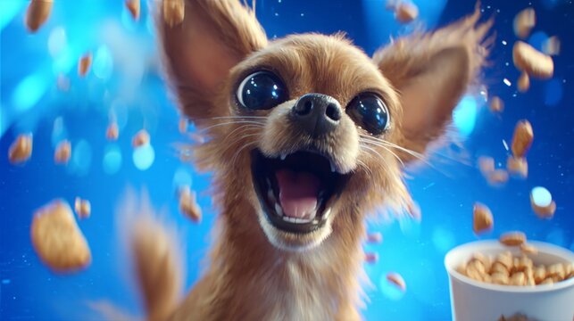 Chihuahua dog with big eyes and joyful expression. Food pieces float around in vibrant blue background. Dog's mouth open wide, showing happy excitement. Scene suggests playful, fun
