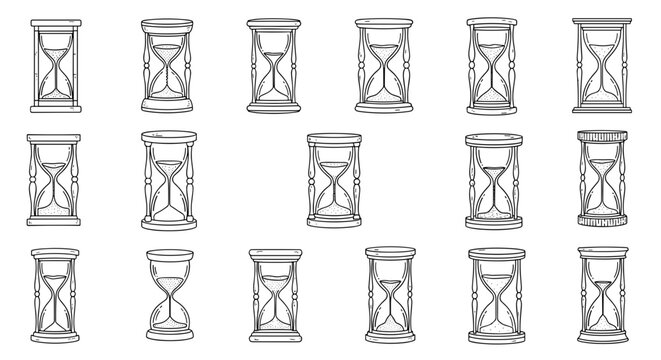 Collection of vintage hourglass illustrations showing passage of time and sand flowing