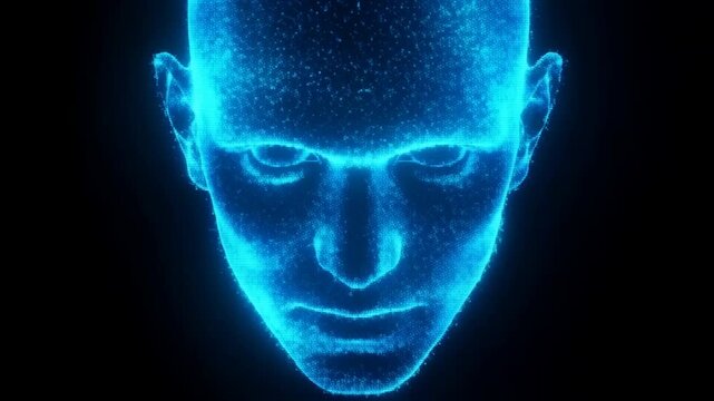 Slow motion static shot of digital holographic face pulsing and forming from blue particles over black studio background, futuristic portrait visualization