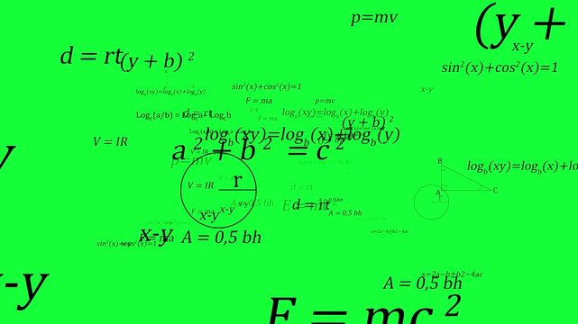 Abstract mathematical formulas and physics equations floating on a green screen baclground. Ideal for educational content, science videos, and chroma key compositing projects. Alpha Channel. 4K