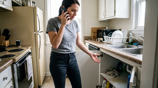 tenant communication solutions, a tenant in a kitchen reports a leak on their phone, seeking maintenance help