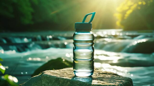 Video of transparent sports water bottle standing on rock beside river cascades with forest background, symbolizing hydration, outdoor activity and healthy lifestyle
