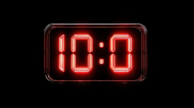 Red digital clock display showing ten o'clock against a dark background with dramatic lighting concept